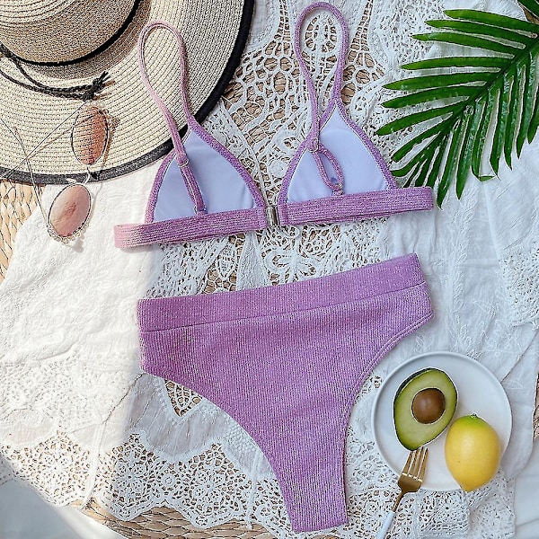 Dam Bikinisätt med Hög Midja Push Up, Baddräkt, Strandkläder Purple M