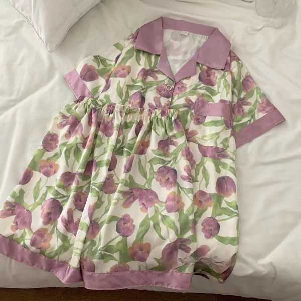 Naisten pyjama kevät ja kesä pitkähihainen jääsilkki kevyt luksuspitsi jäljitelmä silkki ohut set purple XL