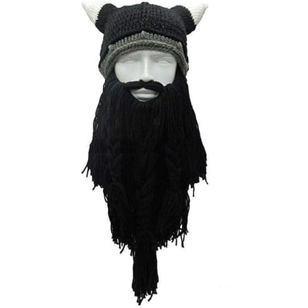 Vuxen Hornhatt med skägg - Viking Plunderer Skägghatt, Crazy Cap, Winter Warm Christmas Hat Barbarian Vagabond Cosp