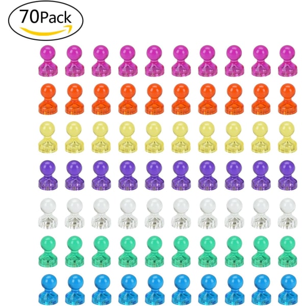 70 stykker farverige og gennemsigtige magneter, 7 farver, perfekt til whiteboards, tavler, køleskabe og mere,