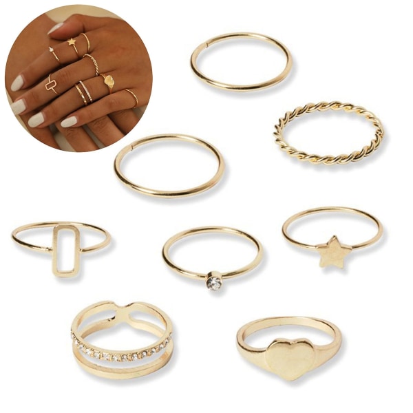 8 stk Fingerringer Femtakkede Stjerner Rhinestones Smykker Galvanisering Geometrisk Ring Bursdagsgaver Golden