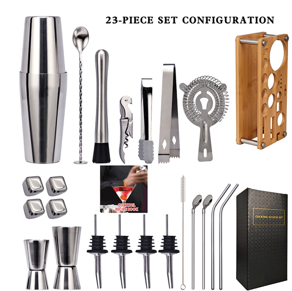 23 dele cocktailshaker, cocktailshaker i rustfrit stål 750 ml, professionel cocktailshaker med tilbehør, træ