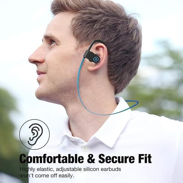 Blå Bluetooth-hörlurar, sportörhängen, IPX7