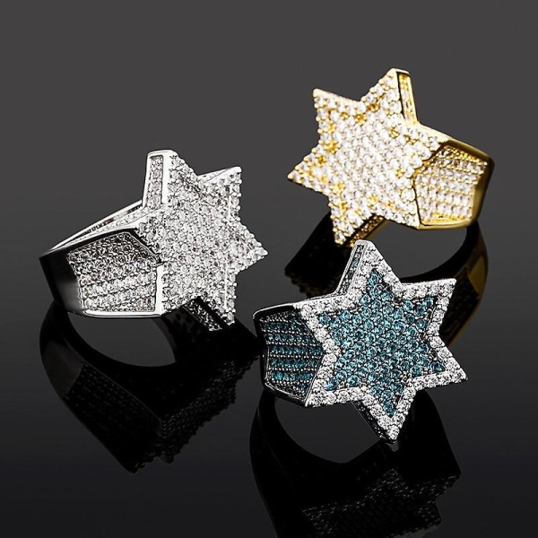 Ny Hexagon Star Franklin Mint Green Ring for menn Iced Out Cubic Zircon Micro Paved Personlighet Ringer Hip Hop smykker Gaver Gold