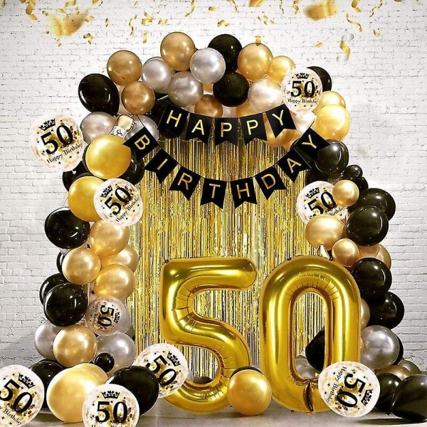 50 Års Svart Guld Födelsedag Dekoration, Grattis På Födelsedagen Banner, Helium Ballong Siffror 50 Xxl, Svart Guld Fransgardin Latex Konfetti Nummer Bord D