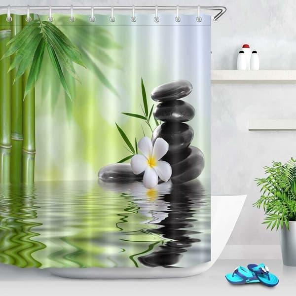 Spa Duschdraperi med Krokar, 180 x 200 cm Svart Stenar Orkidéer Bambu Vattenmönstrad Badrumsdraperi Vattenavvisande M