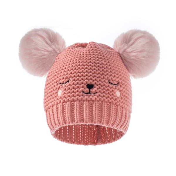 Barnelue i strikket ull med broderi, solid dobbel ball