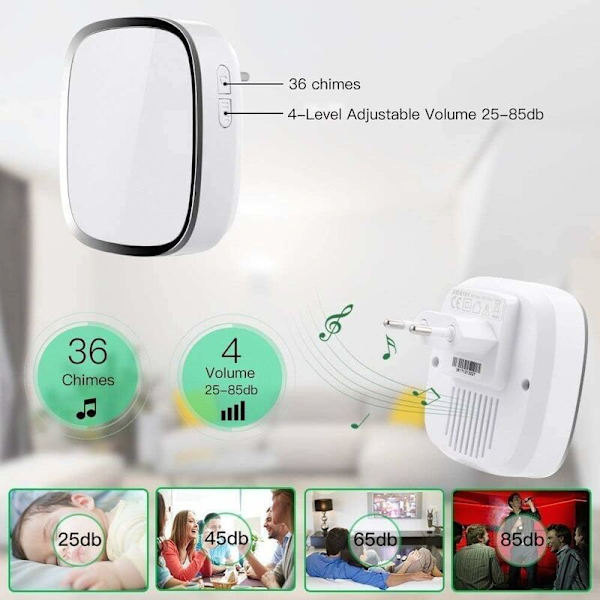 Smart trådløs dørklokke 85db sikkerheds indgangsdør alarmklokke 110-240v, 36 musik ringetoner dørklokke knap 2PCS dørklokke vært (hvid),