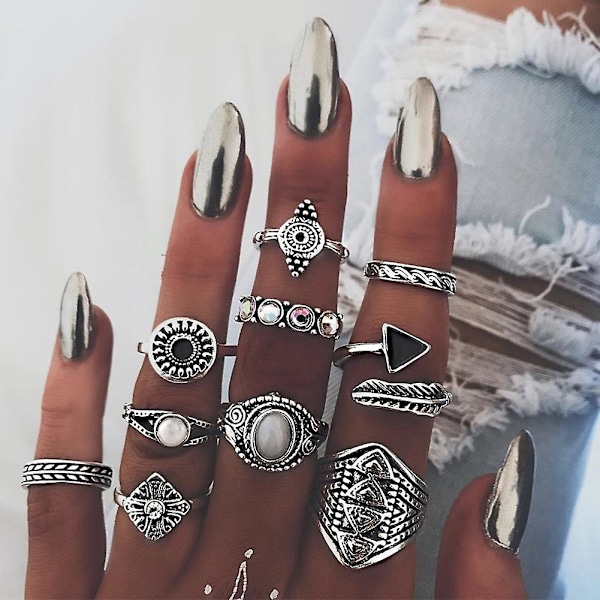 10 st/set Boho Kvinnor Retro Sol Fjäder Pil Carved Knuckle Midi Stacking Ringar Antique Silver