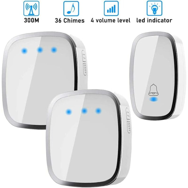 Smart trådløs dørklokke 85db sikkerheds indgangsdør alarmklokke 110-240v, 36 musik ringetoner dørklokke knap 2PCS dørklokke vært (hvid),