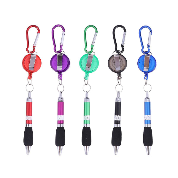3-i-1 Handy Indragbar Badge Reel Pen & Bältesklämma Nyckelring & Karbinhake - 5 st/ set (blandad färg)