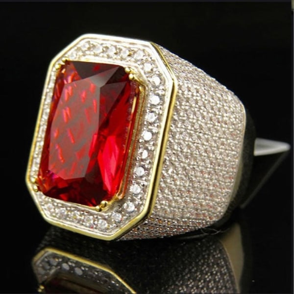 Punk Herrar Kvadratisk Form Falsk Rubin Safir Inlagd Finger Ring Fest Smycken Present Red US 8