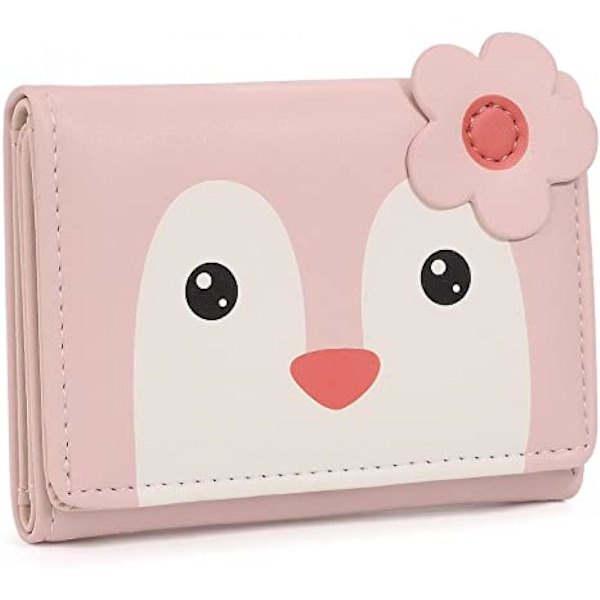 Kawaii Lommebok for Jenter Søt Pingvin Kort Holder Organizer Vegan Lær Trifold Dameveske, Pingvin A916-777 Pink