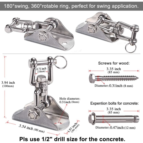 Svingtilbehør, rustfrit stål svingeseng, svingkrog, fastgørelsesplade og stoltilbehørspakke (svingeseng ophængningsfastgørelsesplade svinggaffel luksusmodel