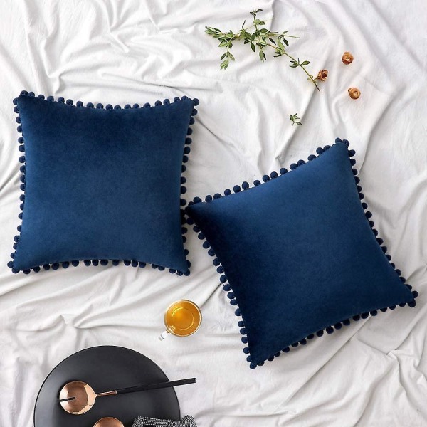 Set med 2 plysj putetrekk dekorative putevar med pompom pompom puteputer myke og ensfargede med firkantede poms for sofa soverom sofa 45x45cm 16 x16 Navy Blue