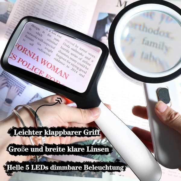 Rektangulär Läsförstoringsglas med 5 LED-lampor, 2 intensiteter