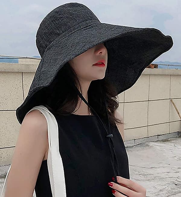 Solhat til kvinder med bred skygge, UPF 50+, sommerhat, foldbar, floppy strandhat til kvinder One Side Black