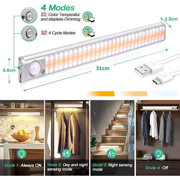 120 LED Rörelseaktiverad Skåpslampa Trådlös Magnetisk Klädskåpsbelysning Yijiahome Uppladdningsbar USB-Dimmerbar Bärbar Automatisk Belysning 1800mAh Batteri [energ