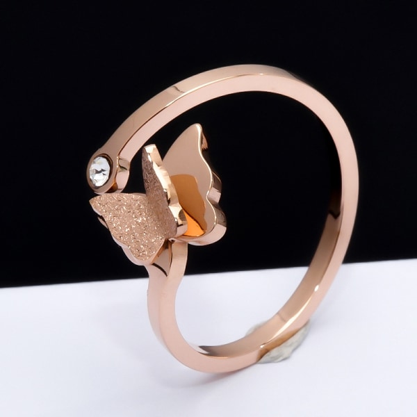 Simple ins titanium steel open ring, stainless steel couple ring with rose gold zircon, jewelry (frosted butterfly open ring, US size 7),