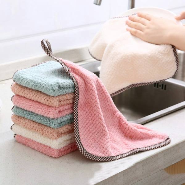 5 Set Hemhängande Korallfleece Tjocka Tyger, Dubbelsidiga Köksrengöringsdisktrasor, Handdukar (Rosa Grön)