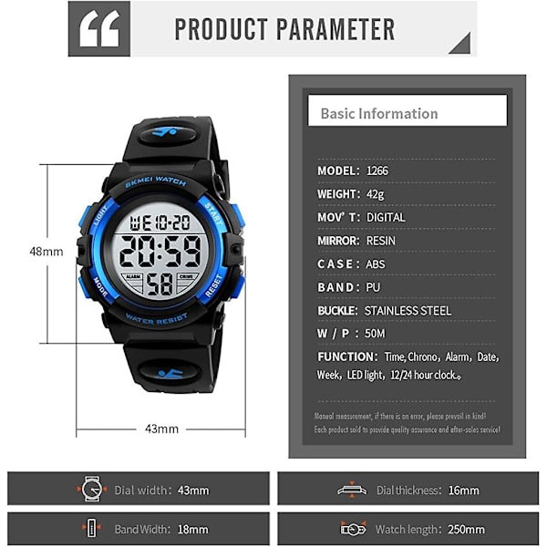 Barnklocka Digital Sport Vattentät Elektronisk Barnklocka Alarmklocka 12/24 H Stoppur Kalender Pojkflicka Armbandsur