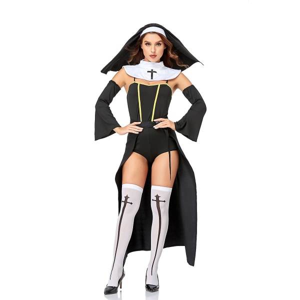 Halloween Karneval Cosplay Nun Kostym Outfit Dräkt För Vuxna Kvinnor Kyrka Missionär Syster Uniform M