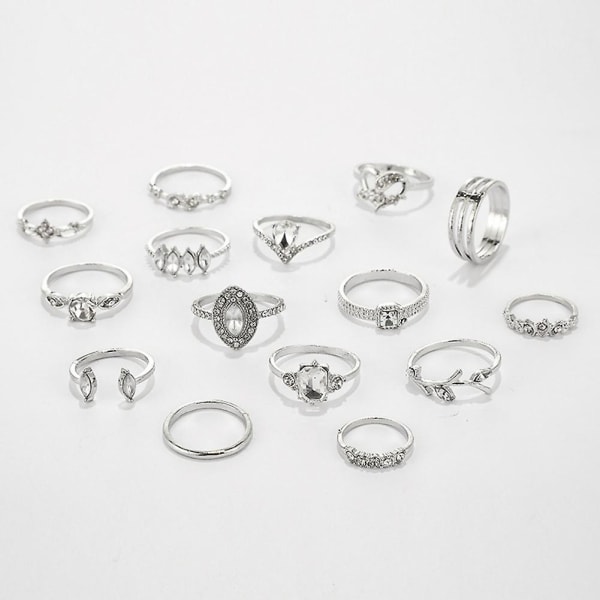 15 stk/sett Kvinner Bohemian Artificial Gemstone Rhinestone Finger Ring Smykker Gave