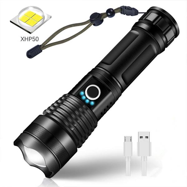 P50 Kraftig Lygte LED Teleskopisk Zoom USB Opladning Udendørs Projektør Lommelygte (med USB-kabel + 18650 batteri)