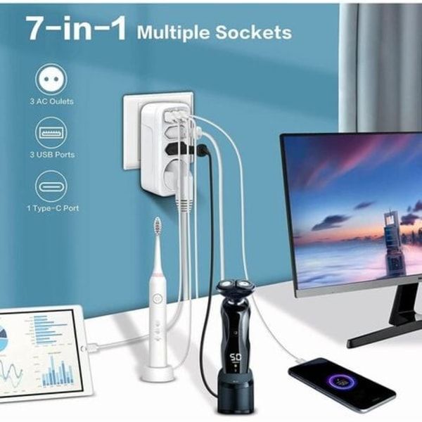 Total USB-monitoimipistokkeet, 4000W (16A) virtapalkki USB:llä, 3 USB-porttia ja 1 USB-C-portti (3 pistorasiaa)