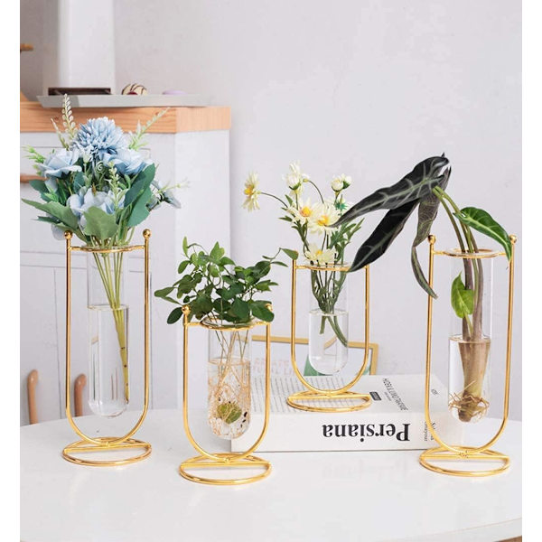 Glasvas med hydroponisk system och järnram för kreativ blomdekoration i hemmet, vardagsrummet, på bordet eller skrivbordet (L)