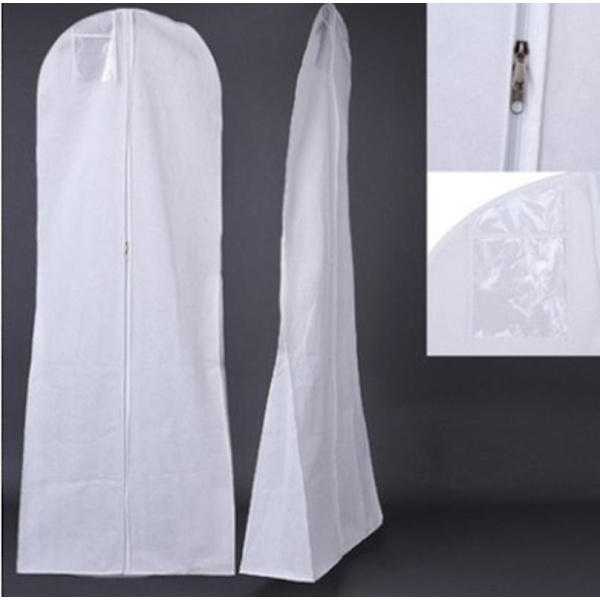 Hvid Ikke-vævet Anti-støv Bryllupskjole Garment Bag Beskyttelsesdæksel Med Gennemsigtig Lynlås Lomme