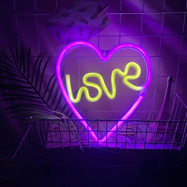LED neonlys, kreative neon romdekorasjonsbakgrunnslys (kjærlighet, kjærlighet utvendig rosa og varm hvit inni),