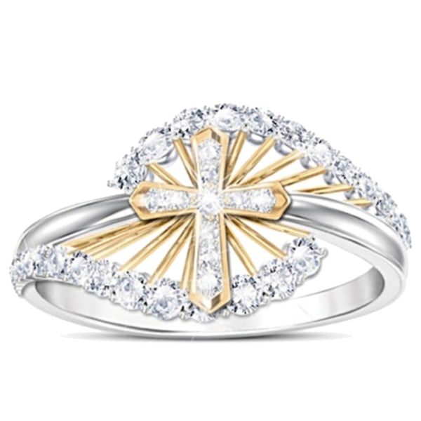 Kvinnor Dual Tone Rhinestone Inläggningar Cross Finger Ring Bröllop Engagement Smycken US 6