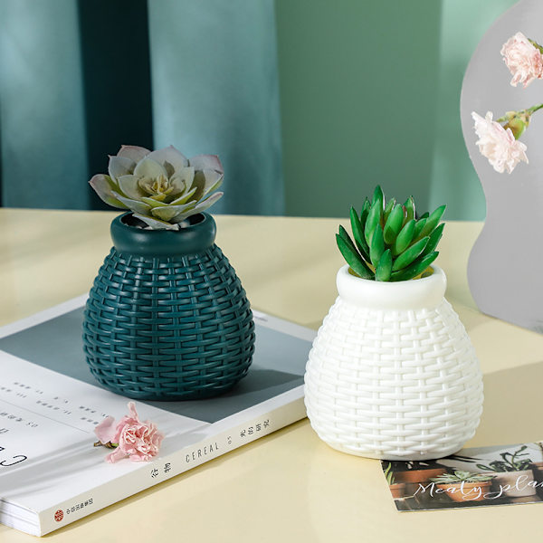 Plastvas, blomma arrangemang kruka för våta och torra blommor, blomdekoration, imitation rottingvas 5.7*7.6*10cm (vit)