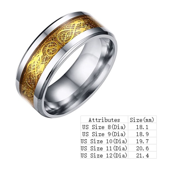 Unisex drakmönster titanstål, ej blekande ring bröllopsband smycken present Golden US 11