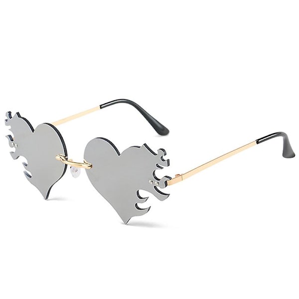 Mode Unika Hjärta Flamma Forma Dam Solglasögon Klar Ocean Spegel Linser Skuggor Uv400 Retro Kantlös Herr Solglasögon Golden silver mirror