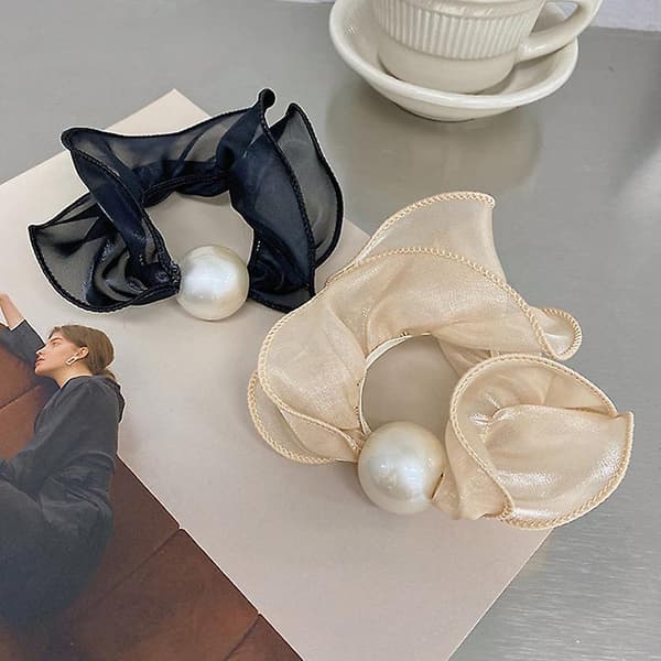 Dame Beaded Hårbånd Blødt Silke Hår Elastikker Bøjle Hårbånd Ponytail Holder Til Piger Beige
