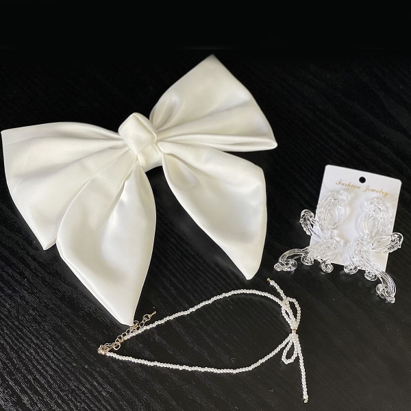 Hvit sløyfe Hårtilbehør sett med halskjede og øreklips Elegant mote bryllup smykker gaver til Style D