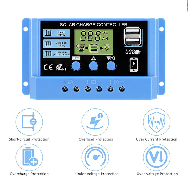Aurinkoenergian lataussäädin 10a 20a 30a Pwm Fotovoltaisen lataussäädin 12v-24v Lcd