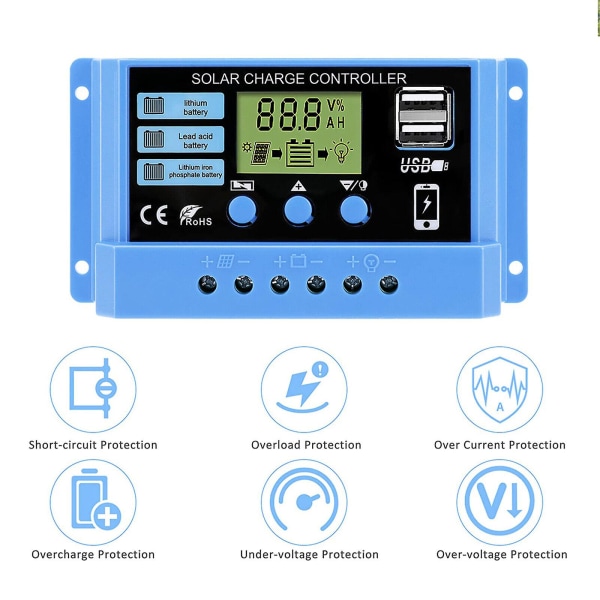 Solcelleladningsregulator 10a 20a 30a Pwm Fotovoltaisk Ladningsregulator 12v-24v Lcd