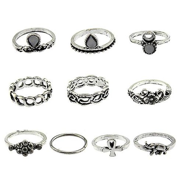 10 stk./sæt Kvinders Punk Vintage Rhinestone Ætset Hul Midi Knogle Ring Sæt Silver