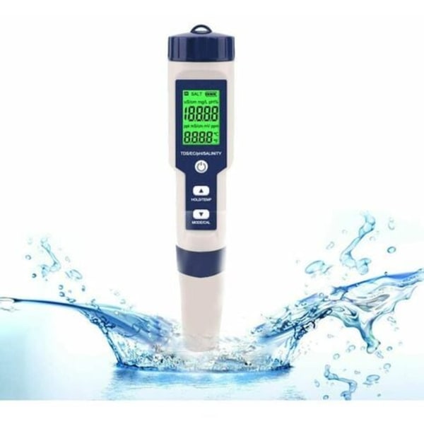 Elektronisk PH-Måler Tester, 5 i 1 PH-Tester Lommetermometer Vandkvalitet PH EC Salt TDS til Hjem, Pool, Akvarium
