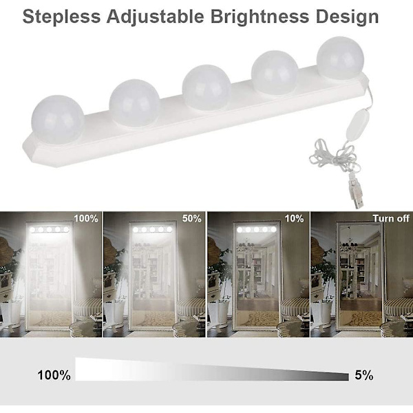 LED-spegellampa - 5 LED-lampor - Hollywood-stil - Smyckeslampa - Dimbar - USB - För sminkbord, badrum