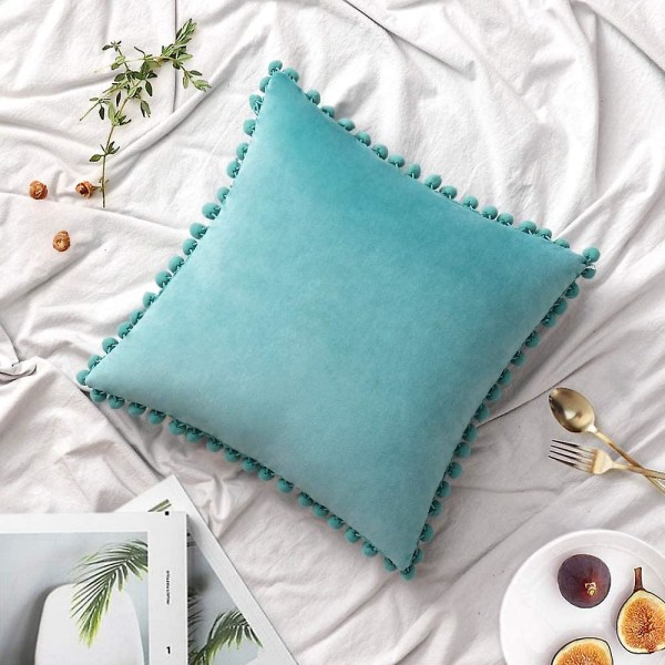 2-pack Sammetskuddfodral med Pompom Dekorativa Kuddfodral Solida Mjuka Kuddfodral med Pompoms Kvadratiska för Soffa Sovrum Bil 18x18 tum Da 18 x18 Teal Green