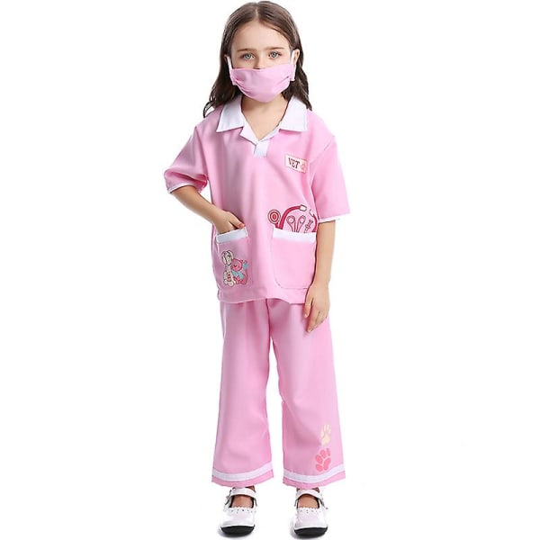 Lasten lääkärin asu Halloween roolipeli cosplay-asut Ammattimainen kokemus Sarjakuva Lääkäri Hoitaja Vaatteet Top+Housut+Maski Pink M  130cm-140cm