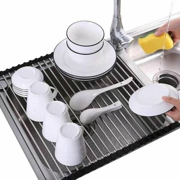 STAINLESS STEEL Oppvaskstativ Svart Kjøkken Sammenleggbar og Avtakbar Rustfritt Stål Rulle Tørker for Vask 43CM*33CM