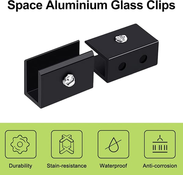 Set med 4 justerbara rektangulära glasklämmor i aluminiumlegering för glashyllor - Väggfäste för 8-10 mm glashyllor