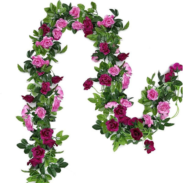 2 st konstgjorda kransar 15,8 fot rosrankor sidenhängande blommor för bröllopsbåge fest hemträdgård väggdekor (magenta)