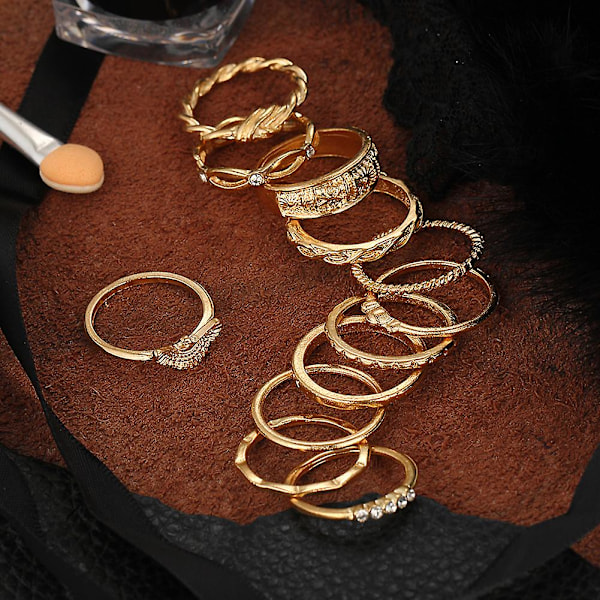 12 stk. Dame Retro Twisted Carved Knuckle Finger Ringe Rhinestone Ring Sæt Smykker