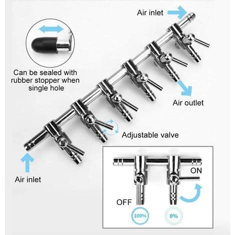Akvarium Luftstrøm Splitter Akvarium Luftkontrolventil Rustfrit Stål Akvarium Iltfordeler Akvarium Luftpumpe Ac